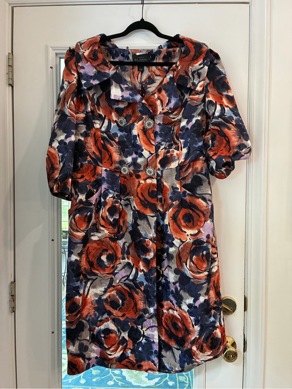 St. John Boutique watercolor abstract  
Topper coat Couture line double breasted